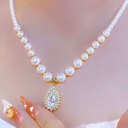 📿 LIMITED-TIME 50% OFF! 💥 Women's Vintage Style Pearl Necklace – Teardrop Choker, Luminous Pearls, Gold-Tone ✨