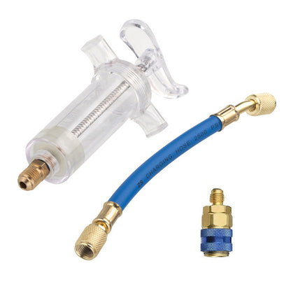 🔧❄️ PROMO -50% ! Injecteur Colorant & Huile Climatisation Auto – Laiton Premium Haute Résistance, Tuyau 2500 PSI, Raccord Rapide R134a, Corps Transparent Gradué · 230g ✨
