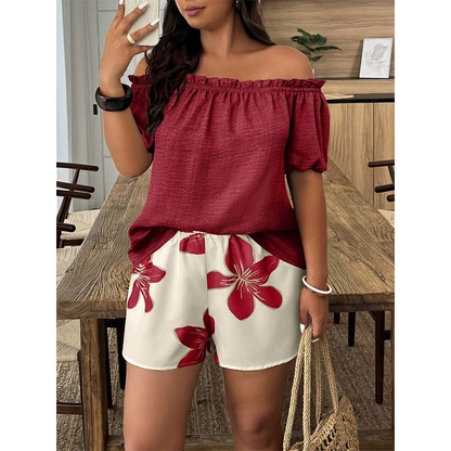 📢📢50% OFF !! ⏰Women's Off Shoulder Top and Floral Shorts Set