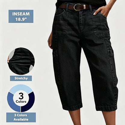 📢👖 PROMO FLASH 50% ! Pantalon Jean Court Extensible Femme – Coupe Barrel Décontractée, Taille Mi-Haute, Poches Multiples, 2 Coloris, Tailles S-3XL, Idéal Quotidien ✨