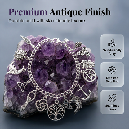 📿1 ACHETÉ = 1 OFFERT ! ✨ Bracelet Vintage Paganiste à Breloques – Symboles Spirituels, Fini Argent Antique, Bohème 🌙