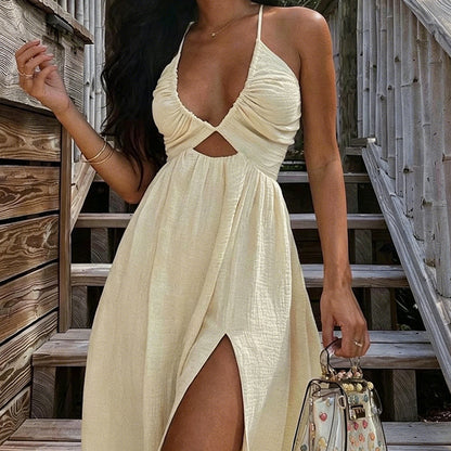 👗 PROMO LIMITÉE 50% DE RÉDUCTION ! ✨ Robe Longue Col V – Sexy, Fente Haute, Dos Nu, Ourlet Fluide ☀️