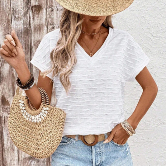 👚 PROMO FLASH 50 % ! ✨ Haut Élégant à Manches Courtes et Col en V – Texturé, Coupe Décontractée, Léger, Plusieurs Coloris, S-2XL 🏆