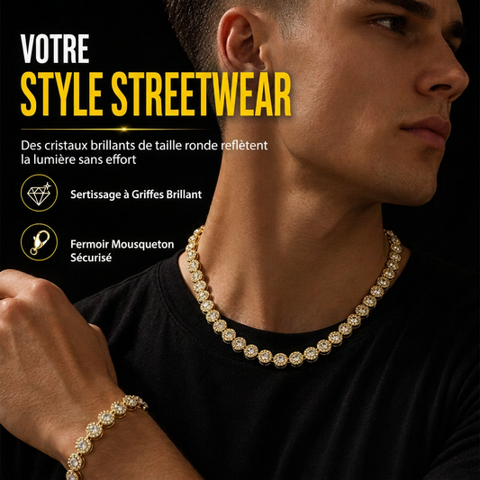 Collier hip-hop pour homme avec strass ronds, chaîne entièrement incrustée de cristaux pour danse de rue