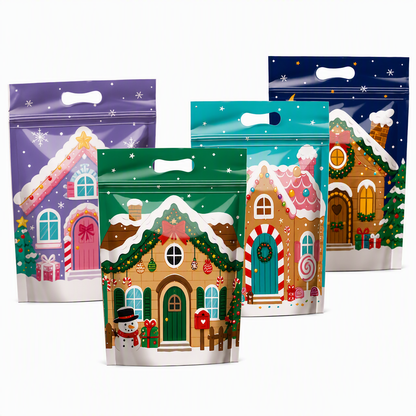 Lot de 50 sachets à bonbons de Noël, pochettes zippées autoportantes à motif dessin animé pour l'emballage de croustillants aux flocons de neige, de biscuits et d'aliments cuisinés