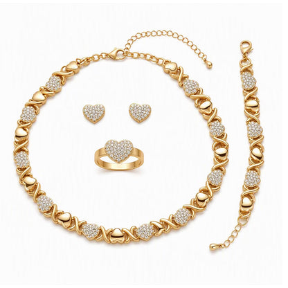 💝 50% DE RÉDUCTION! ✨ Parure 4 bijoux cœur – Collier, bracelet, bague & boucles, finition dorée ✨