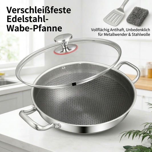 ⏳ Zeitlich befristetes Angebot ⏳ Edelstahl-Wokpfanne mit Wabenstruktur und Glasdeckel